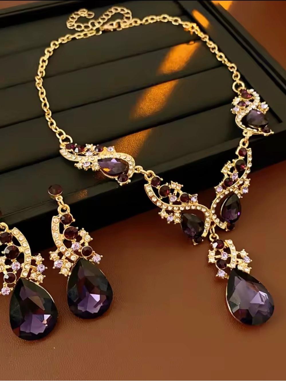 Gold-Tone Necklace and Earring Set with Deep Purple Teardrop Crystals